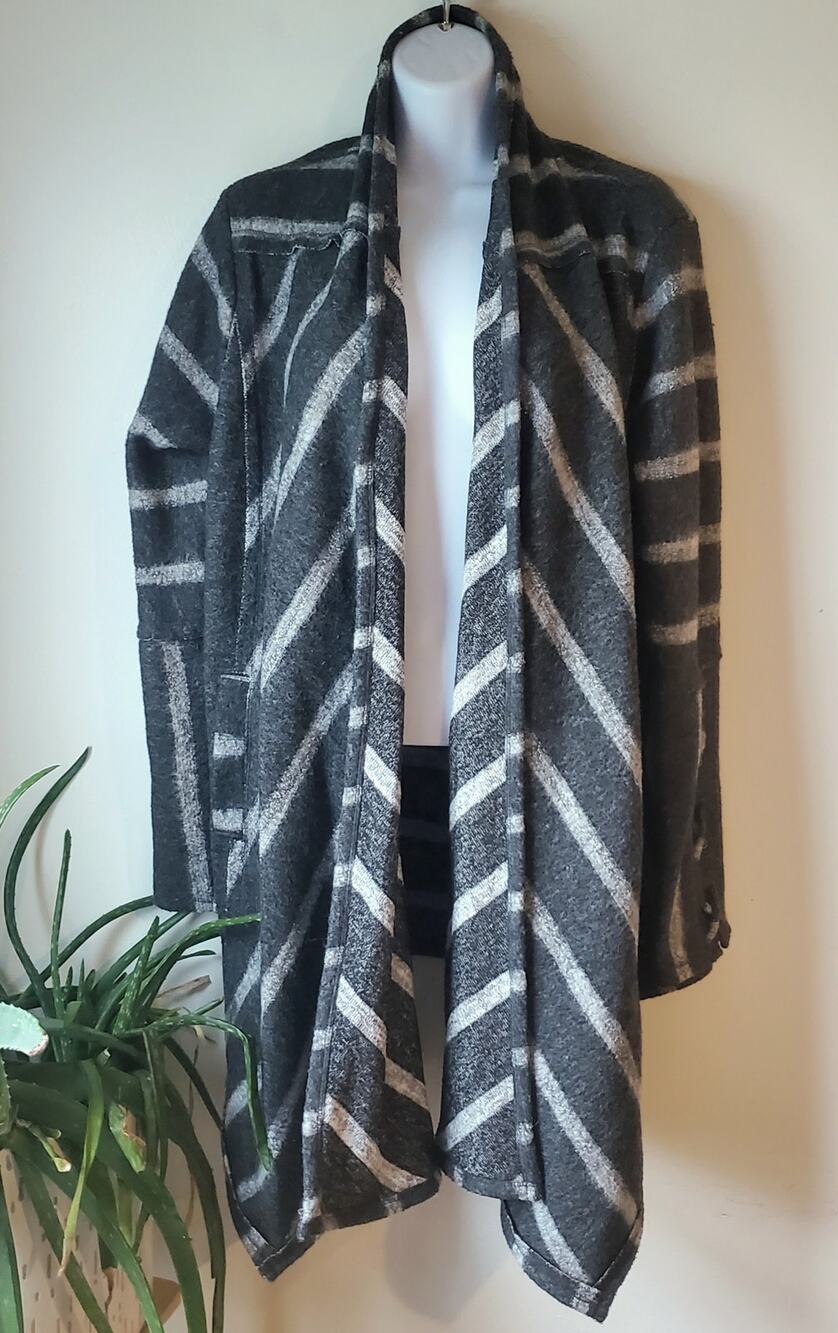 Womens Boho Gray White Striped Fleece Cardigan Sweater Size M Hippie Festival